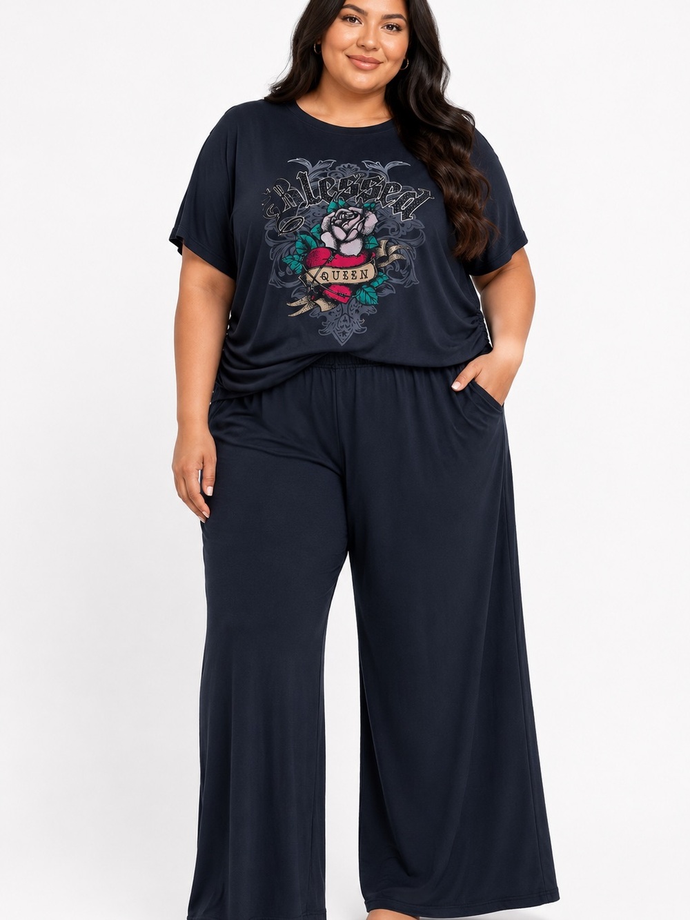 Plus Size black Wide-Leg Track Jumpsuit with Graphic Tee